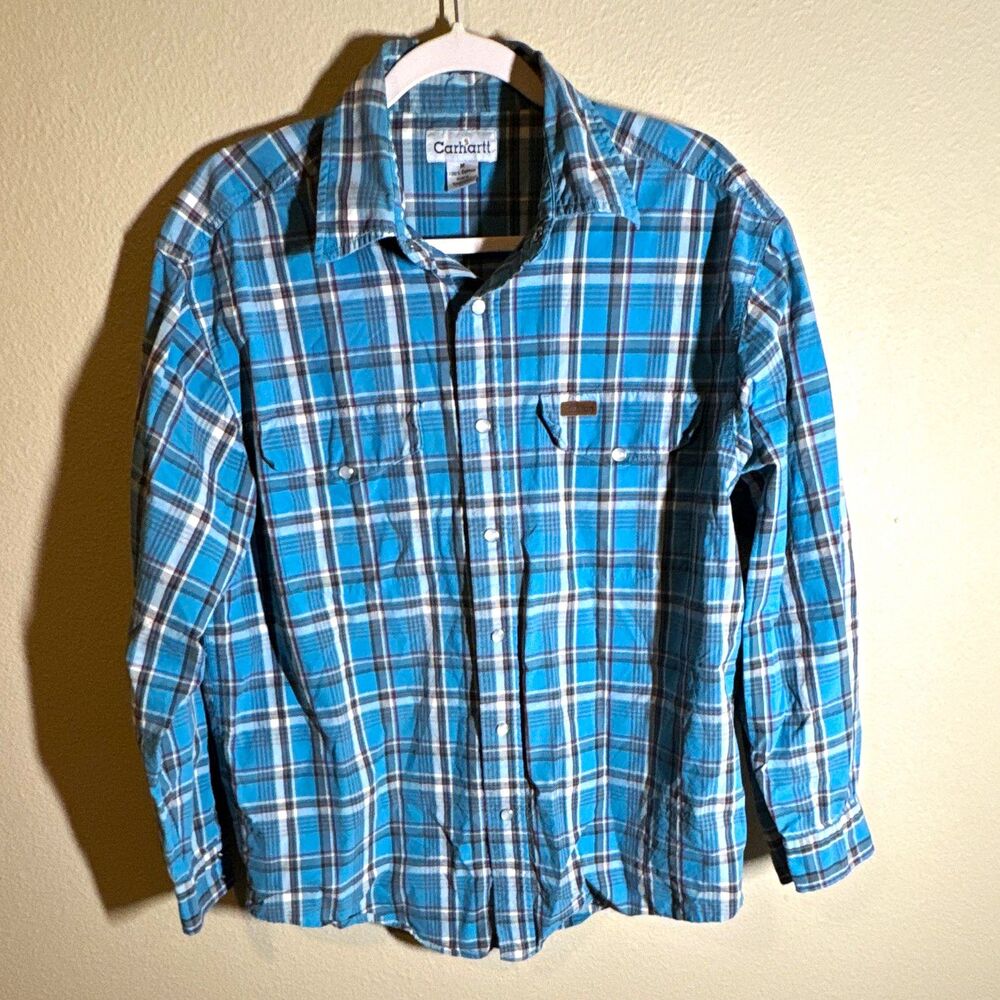 Carhartt Men’s Button Up Shirt Size M Blue Plaid Cotton Long Sleeve